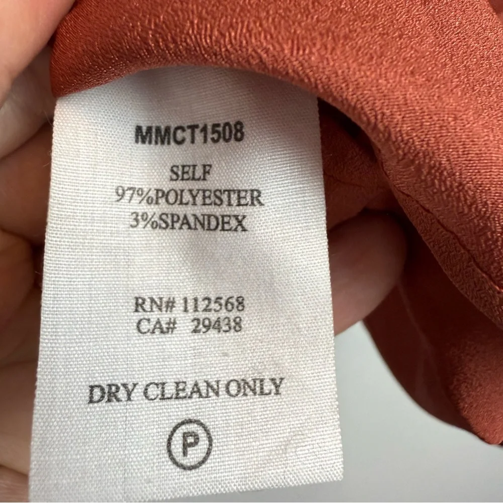 M M Couture Miss Me Rust Blouse w/Ruffle Chest & Smocked Sleeves & Bow Tie Sz M - Picture 12 of 14